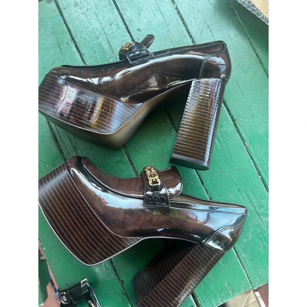 Sam Edelman Platform Loafers Womens Size 9 Brown Gold Chain Detail